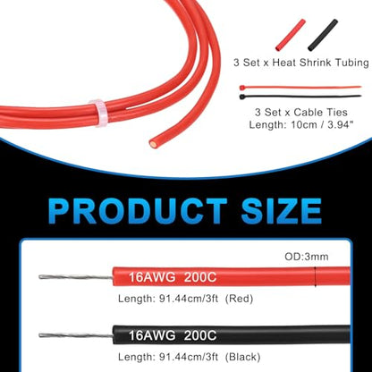 MECCANIXITY 16 Gauge Silicone Electrical Wire Cables, 16 AWG 3ft Black and 3ft Red Electrical Wires High Temp 600V 200C Flexible Stranded Tinned Copper Wires Automotive Cable with Accessories - size: 16 Gauge 1m/3ft