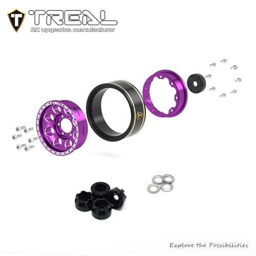 Treal SCX24 Wheels 1.0 Beadlock Wheels(4P-Set) for Axial SCX24 1/24 Crawler Brass Ring Weighted 27.3g/pc (Purple) - color: Purple