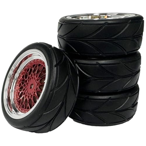 4PCS 64mm RC On Road Rubber Tires and Plastic Plating Wheel Rims Set Replacement Part for 1/10 RC Run-flating Touring Racing Drift Car Tyre(Red Silver,Offset:9mm) - color: Red Silver, size: Offset:9mm