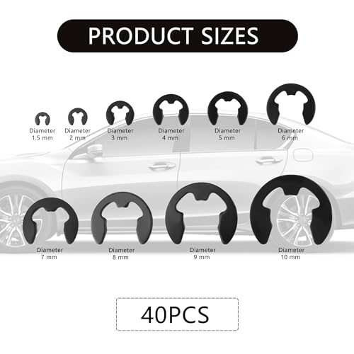 400PCS Car E Clips Assortment Kit,Alloy Steel Car Retaining Rings with 10 Size (M1.5 M2 M3 M4 M5 M6 M7 M8 M9 M10),External Snap Rings Assortment Kit Cars Accessories