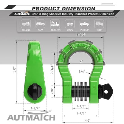 AUTMATCH D Ring Shackles 3/4" Mega Shackle (2 Pack) 68,000Ibs Break Strength - Heavy Duty Clevis Shackles with 7/8" Screw Pin and Isolator Washer for Tow Strap Winch Off Road Vehicle Recovery, Green - color: Green & Black