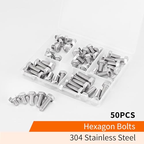 M8 x 10mm 12mm 16mm 20mm 25mm Heavy Duty Hexagon Bolts Hex Head Screws, 304 Stainless Steel, Machine Fully Thread, Metric, Bright Finish, Assortment Kit 50PCS - size: M8 x 10/12/16/20/25mm (50PCS)
