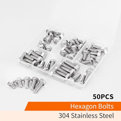 M8 x 10mm 12mm 16mm 20mm 25mm Heavy Duty Hexagon Bolts Hex Head Screws, 304 Stainless Steel, Machine Fully Thread, Metric, Bright Finish, Assortment Kit 50PCS - size: M8 x 10/12/16/20/25mm (50PCS)