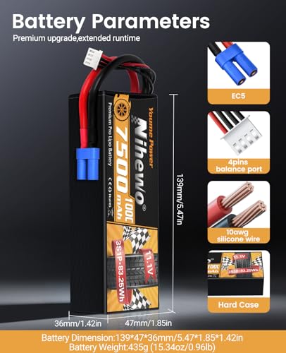 3S Lipo Battery 7500mAh 11.1V 100C Hardcase EC5 for RC Car Boat 2pcs | 11.1V RC Battery Hard Case Protects Cells from Impacts, 7500mAh Extended Runtime, for 1/7 1/8 RC Car Truck Truggy Boat Drone - style: 2x 11.1V 7500mAh