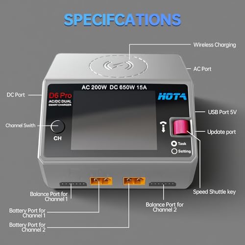 HOTA D6 Pro Lipo Battery Charger Dual Channel Smart Charger AC200W DC650W 15A for LiHv Nicd NiMH Lipo RC Battery Charger with Balance Phone Wireless Charging RC Car RC Boat FPV Race Drone Parts (Gray)
