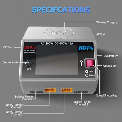 HOTA D6 Pro Lipo Battery Charger Dual Channel Smart Charger AC200W DC650W 15A for LiHv Nicd NiMH Lipo RC Battery Charger with Balance Phone Wireless Charging RC Car RC Boat FPV Race Drone Parts (Gray)