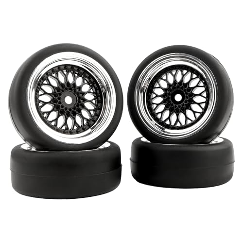 4-Pack RC 1/10 Scale On Road Slick Tires OD2.55 Rubber Wheel Rims 12mm Hex Compatible with Traxxas 4 Tec 2.0 Tamiya TT01 XV01 Kyosho WR8 Sakura WLtoys HPI Touring Racing Car - color: Black
