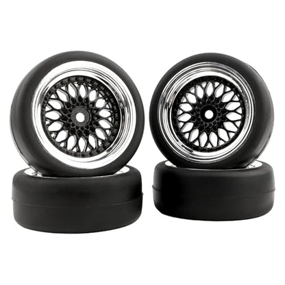 4-Pack RC 1/10 Scale On Road Slick Tires OD2.55 Rubber Wheel Rims 12mm Hex Compatible with Traxxas 4 Tec 2.0 Tamiya TT01 XV01 Kyosho WR8 Sakura WLtoys HPI Touring Racing Car - color: Black