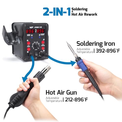 WEP 8786D-I SE Hot Air Soldering Iron Station Kit 2-IN-1 for Rework, Desoldering with Lead-Free Solder Wire, 5 Soldering Tips, 3 Hot Air Nozzles,Tweezers, Desoldering Pump