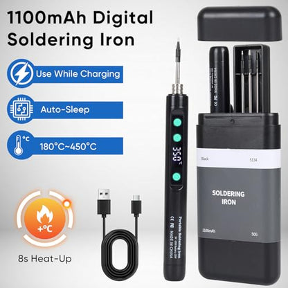 Cordless Soldering Iron Kit, 1100mAh USB-C Rechargeable Soldering Iron with LCD Screen, Portable Battery Powered Soldering Pen for Electronics Repair, Hobby DIY Projects
