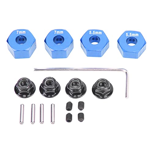 4Pcs Aluminium Alloy 12mm Diameter, RC Wheel Hub, 12mm RC Wheel Hex Hub Extension, 5 5mm 7mm Hex Drive Adapter Thickness Accessory Set Kit for traxx as 1/10 Slash (Blue)