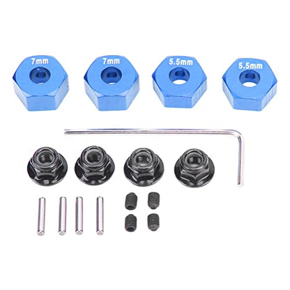4Pcs Aluminium Alloy 12mm Diameter, RC Wheel Hub, 12mm RC Wheel Hex Hub Extension, 5 5mm 7mm Hex Drive Adapter Thickness Accessory Set Kit for traxx as 1/10 Slash (Blue)