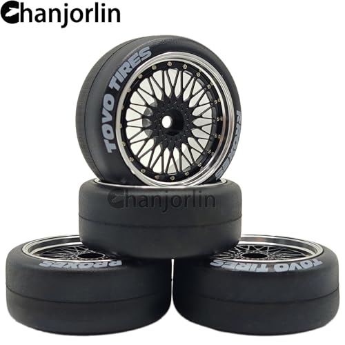 1/10 RC Drift Smooth Tires OD 2.56" & Aluminum Wheels 12mm Hex Hard Drift Racing Tyres for 1:10 1/12 Rally Street On Road Touring Car TT01 TT02 XV02 XV01 TA06 KYOSHO PTG2 4PCS (Black) - color: Black