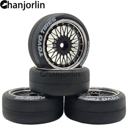 1/10 RC Drift Smooth Tires OD 2.56" & Aluminum Wheels 12mm Hex Hard Drift Racing Tyres for 1:10 1/12 Rally Street On Road Touring Car TT01 TT02 XV02 XV01 TA06 KYOSHO PTG2 4PCS (Black) - color: Black