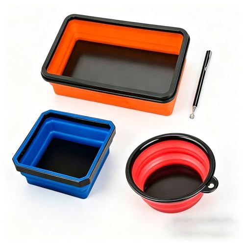 Collapsible Magnetic Parts Tray Set & Flexible Magnetic Bolt Tray, 3 Different Size Magnetic Screw Holder & Pick-Up Sweeper for Screw, Bolts, Nuts, and Other Metal Parts