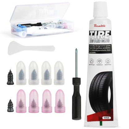 Realth Tire Repair Kit, 50ml Tire Repair Glue, 10 Pcs Tire Repair Screws | Flat Tire Plug Kit for Car, Motorcycle, Truck, ATV, Tractor, RV, SUV & Trailer - style: Glue(50ml)+Plugs(10Pcs)