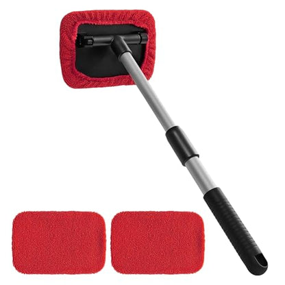 Windshield Cleaning Tool, Car Cleaning Window Tool, Car Window Cleaner with Unbreakable Extendable Handle and Microfiber Cloth, Scratch-Free Car Cleaning Brush for Auto Glass Wiper (Red) - color: Red