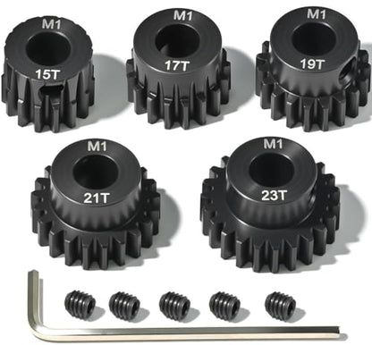 M1 8mm Steel Pinion Gear Set 15T 17T 19T 21T 23T with Laser-Engraved Tooth Count for 1/5 X-Maxx Rc Model Car Buggy Truck Replacement Mod 1 Gear Compatible with Brushed & Brushless Motors 5 Pcs - size: M1-8-15T-17T-19T-21T-23T