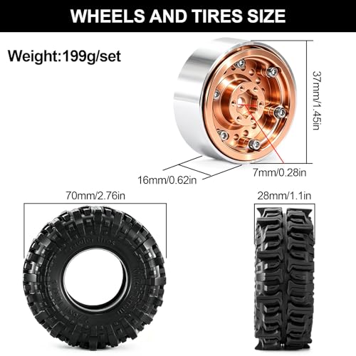 1.3" Beadlock Wheels and Tires for SCX24 TRX4M RC Crawler (Bronze) | CNC Aluminum Beadlock Wheels, Ultra-Soft Sticky Rubber Tires, Built-in Foam Inserts, 70*28mm - color: Bronze 370 F