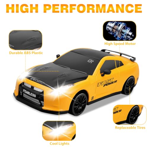 RC Drift Car 1/24 2.4GHz 4WD Remote Control Car, High Speed Drifting RC Cars with LED Lights and Drift Tires Racing Toy Cars for Kids Boys (Yellow) - color: C.yellow
