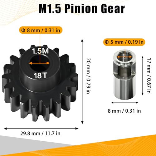 M1.5 18T Pinion Gear 8mm Bore with 8mm to 5mm Shaft Adapter Sleeve, Chromium Steel Motor Gear with Set Screw & Hex Key for Traxxas ARRMA Losi 1/5 1/8 RC Cars - size: 18T