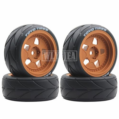 4PCS RC 1/10 On-Road Tires 65mm RC Rubber Tires w/Plastic Wheel Rim 12mm Hex Fit for 1/10 RC On-Road Rally Car HPI Tamiya TT01 TT02 Kyosho Wltoys 144001 - color: Brown 1