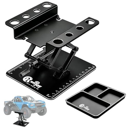 RC Stand Lift Lower with 3-Slot Screw Tray for 1/8 1/10 1/12 Scale, Black | Aluminum RC Car Work Stand Repair Tool Set for RC Cars Crawler Truck Traxxas TRX4 Axial SCX10 Upgrade - color: All Black, With 3-slot Screw Tray