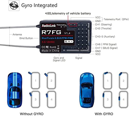 Radiolink 2.4Ghz R7FG 7 Channels Gyro Receiver with Voltage Telemetry Long Range Control, Water-Splash RX for RC Crawler Car Boat Radio Controller System RC4GS v2/RC6GS v2/RC4GS/RC6GS