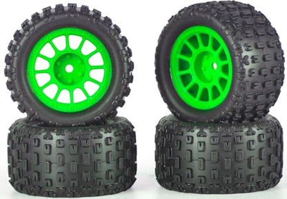 Pre-Glued 1/16 & 1/18 RC Monster Truck Rubber Tires & Plastic Wheels Rims | Rubber Tires with Foam Inserts Fits for ARRMA Granite 1/18 Granite/Typhon, WLtoys A949, MJX Hyper Go H16, 4Pcs-Green - color: Green