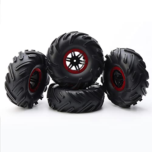 4pcs RC 2.2 Inch Crawler Tires Inflatable OD 140mm Mud Badland Tractor Tread Tyres and 12mm Wheel Rims Lock Nuts for 1:10 Monster Truck Crawling Car Traxxas Maxx Axial RC4WD, Red - color: Red