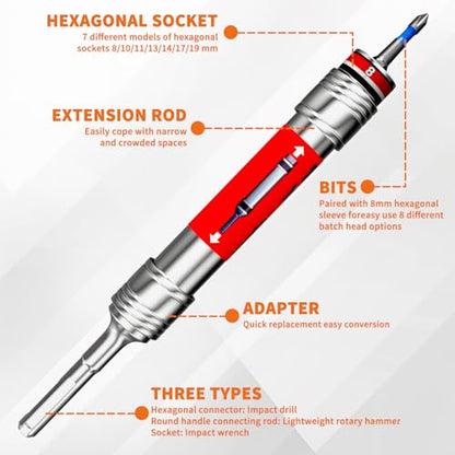 ENERTWIST Power Nut Driver Set 19PCS, 5-Inch Extended Reach Hollow Nut Driver Shaft, 3-in-1 Adapters for Impact Drill Wrench Hammer, 8-19 mm Metric 7 Nut Drivers & 8 Screwdriver Bits