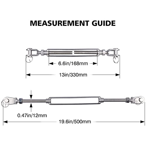 1/2 x 6.5 Inch SS Jaw and Jaw Turnbuckles M12 Turnbuckle, 304 Stainless Steel, 2200 lbs Load (4PCS)