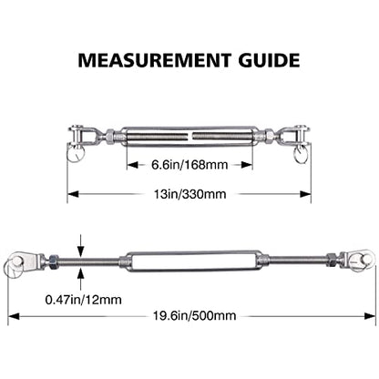 1/2 x 6.5 Inch SS Jaw and Jaw Turnbuckles M12 Turnbuckle, 304 Stainless Steel, 2200 lbs Load (4PCS)