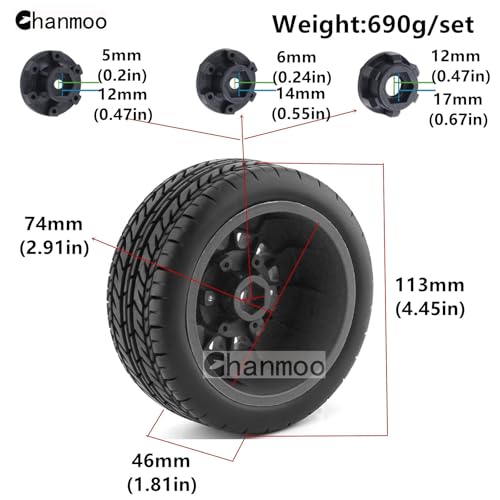 1/10 RC Short Course Truck Tires And Wheels With 12mm 14mm 17mm Hex 113mm 1/8 Rubber Tyres For 1/8 or 1/10 Scale On Road Car HSP Sonic 94102 GT PTG-2 Tamiya TT02 RC Racing Car 4PCS (Red A) - color: Red A