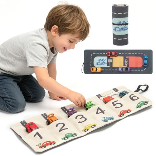 Car Storage Roll for Kids, Compatible with Matchbox & Hot Wheels 1:64 | Playmat, DIY Name, Travel Toy Compatible with Hot Wheels & Matchbox, Toddler Quiet Play Activity Mat for Airplane