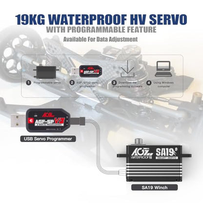 AGFRC 19KG Waterproof Low Profile 1/10 Scale Winch Servo(SA19 Winch) | 0.073Sec, 8.4V HV, Brushless Motor, Programmable, Full Metal Gear, with 25T Metal Winch Horn, for 1/10 RC Cars & Crawlers