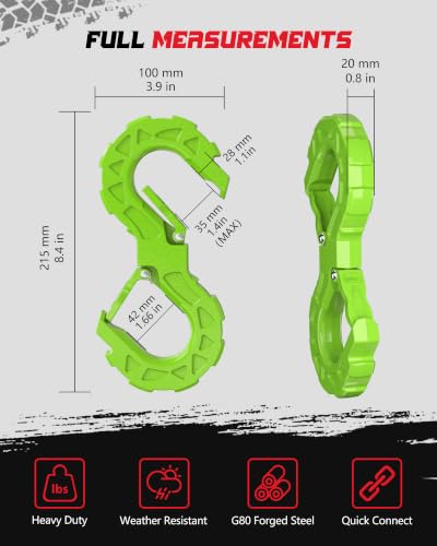 3/8 Tow Hook, Winch Hook for Off-Road Recovery, Towing Shackle 33000 Lbs, G80 Heavy Duty Strength Integrated Winch Quick Shackle, Green - color: Green