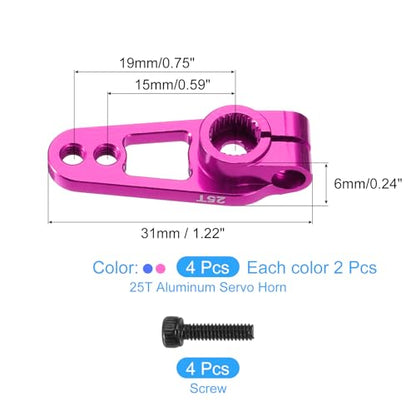MECCANIXITY 4 Pcs Aluminum Alloy 25T Steering Servo Arm Horn for DIY RC Car/Boat/Airplane Boat Accessories, Pink/Blue - color: Pink/Blue