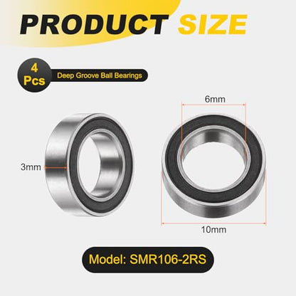 uxcell 4Pcs SMR106-2RS Deep Groove Ball Bearings, 6x10x3mm 440C Stainless Steel Double Shielded Bearings, ABEC 5 - size: 6x10x3mm