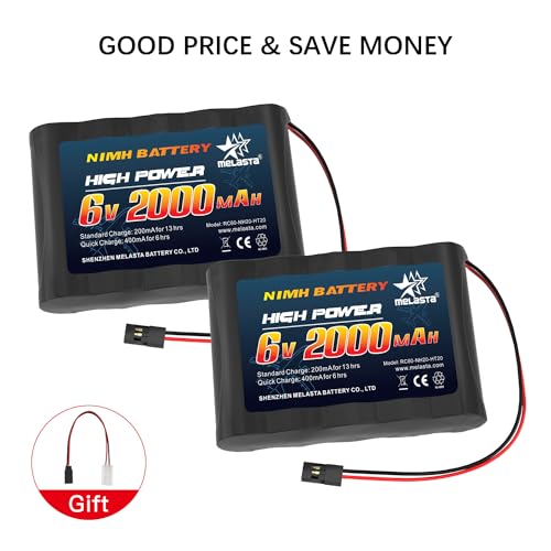 melasta 6V 2000mAh NiMH RX Receiver Battery 2-Pack for RC Airplanes | Rechargeable receiver pack for Futaba/Hitec servo controllers. Compatible with RC aircraft. - size: 6.0V