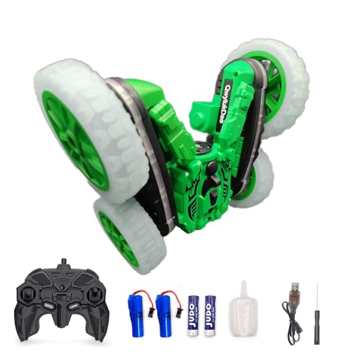 Rc Stunt Cars, Remote Control Cars with Sides Light Strip & 360° Flips Rotating Spray, Double Sided 2.4Ghz All Terrain Toy for Kids Ages 6-12 Year Old Gift (Green) - color: Green