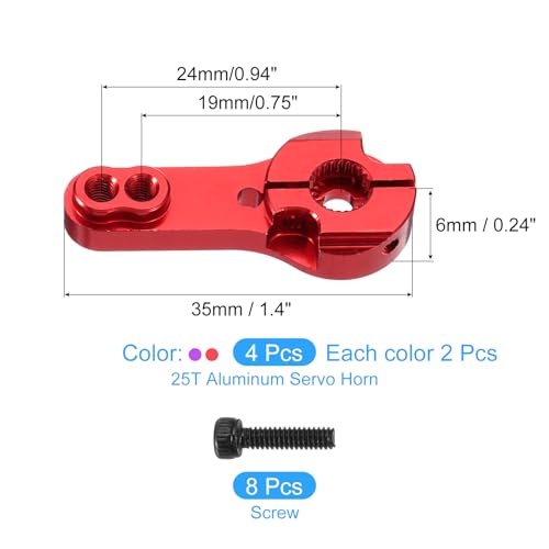 MECCANIXITY 4 Pcs Aluminum Alloy 25T Steering Servo Arm Horn for DIY RC Car/Boat/Airplane Boat Accessories, Red/Purple - color: Red/Purple