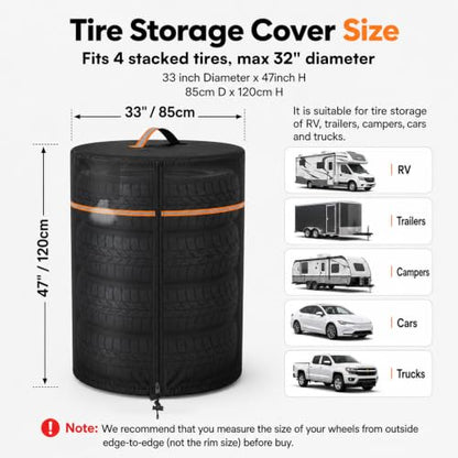 Wheel Cover,Durable 420D Oxford Tire Storage Cover with Waterproof Zipper and Reflective Handle,Easy to Put on,Large Tire Covers for Storage,Indoor/Outdoor Use(Holding 4 Tires Within 32 Inch Diameter) - size: 33"D x 47"H