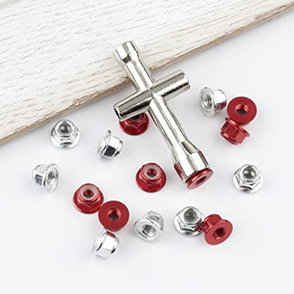 16pcs M4 Lock Nuts for 1/10 RC Car Wheel, 4mm Anodized Aluminum Alloy and Steel Flange Nylon Insert Locking Nuts with Wrench Set, Red & Silver - color: Red & Silver