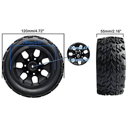 RC Wheels and Tires, 4 Pack, 12mm Hex, 1/10 Monster Truck | with Nuts and Washers, RC Car Parts