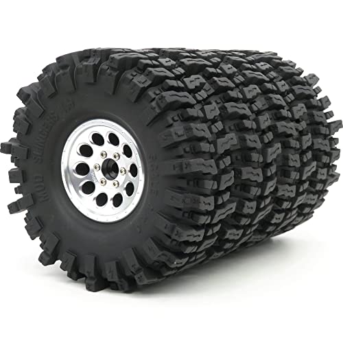 HOBBYSOUL 1.9 Crawler Tires and Wheels 120mm Soft Sticky 1.9 Mud Slingers Tires & 1.9 Beadlock Wheels Silver Rim for 1/10 RC Crawler Traxxas TRX4 Axial SCX10, (4 Pack) - color: Silver