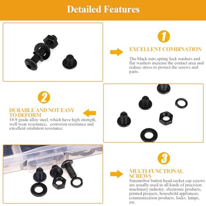 385 Pieces M4 Screws Nuts Washers Set Black, Sutemribor M4 x 5/6/8/10/12/16/20mm Button Head Socket Cap Screws Nuts Washers Assortment Kit, 10.9 Grade Alloy Steel, Fully Threaded - size: M4, style: Button Head Socket Cap