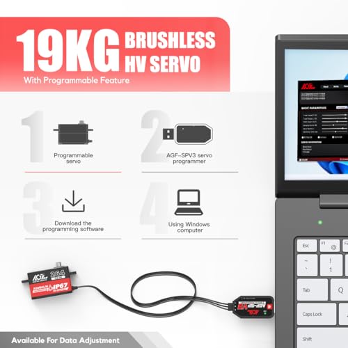 AGFRC 19KG Low-Profile Programmable-Digital-Servo - 0.073Sec High Speed Wateproof Full Metal Gear Brushless RC Servo with 25T Metal Servo Horn for 1/10 RC Car, 180 Degrees (A50BHLW)