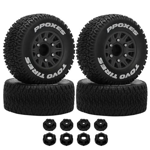 1/10 1/8 RC Short Course Truck Tires OD 112mm and Wheels 12mm 14mm 17mm Hex for 1:8 1:10 Scale Off Road Truck Car Traxxas Slash 2WD 4×4 Axial Losi Redcat Rc4wd Arrma Senton 4PCS (Black) - color: Black