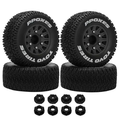1/10 1/8 RC Short Course Truck Tires OD 112mm and Wheels 12mm 14mm 17mm Hex for 1:8 1:10 Scale Off Road Truck Car Traxxas Slash 2WD 4×4 Axial Losi Redcat Rc4wd Arrma Senton 4PCS (Black) - color: Black